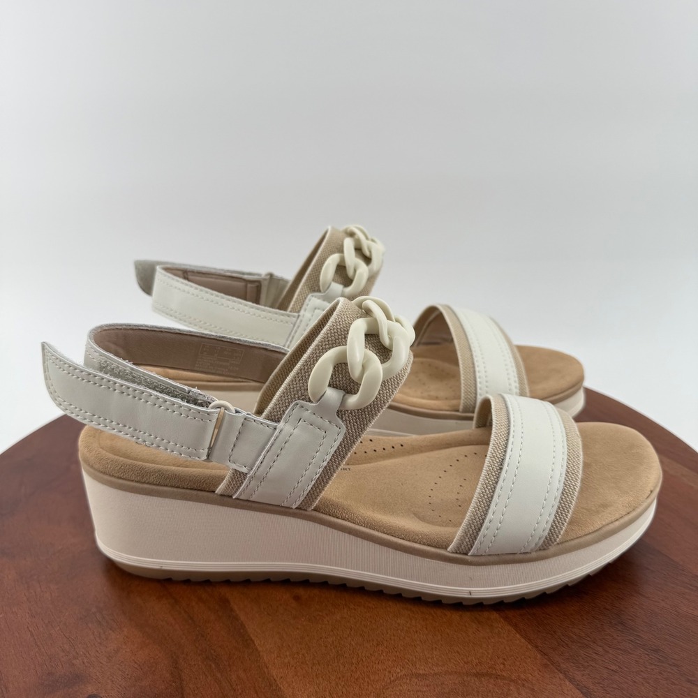 Clarks Wrenly Eve Off White Leather Wedge Sandals Womens 11 M Chain Detail‎ New